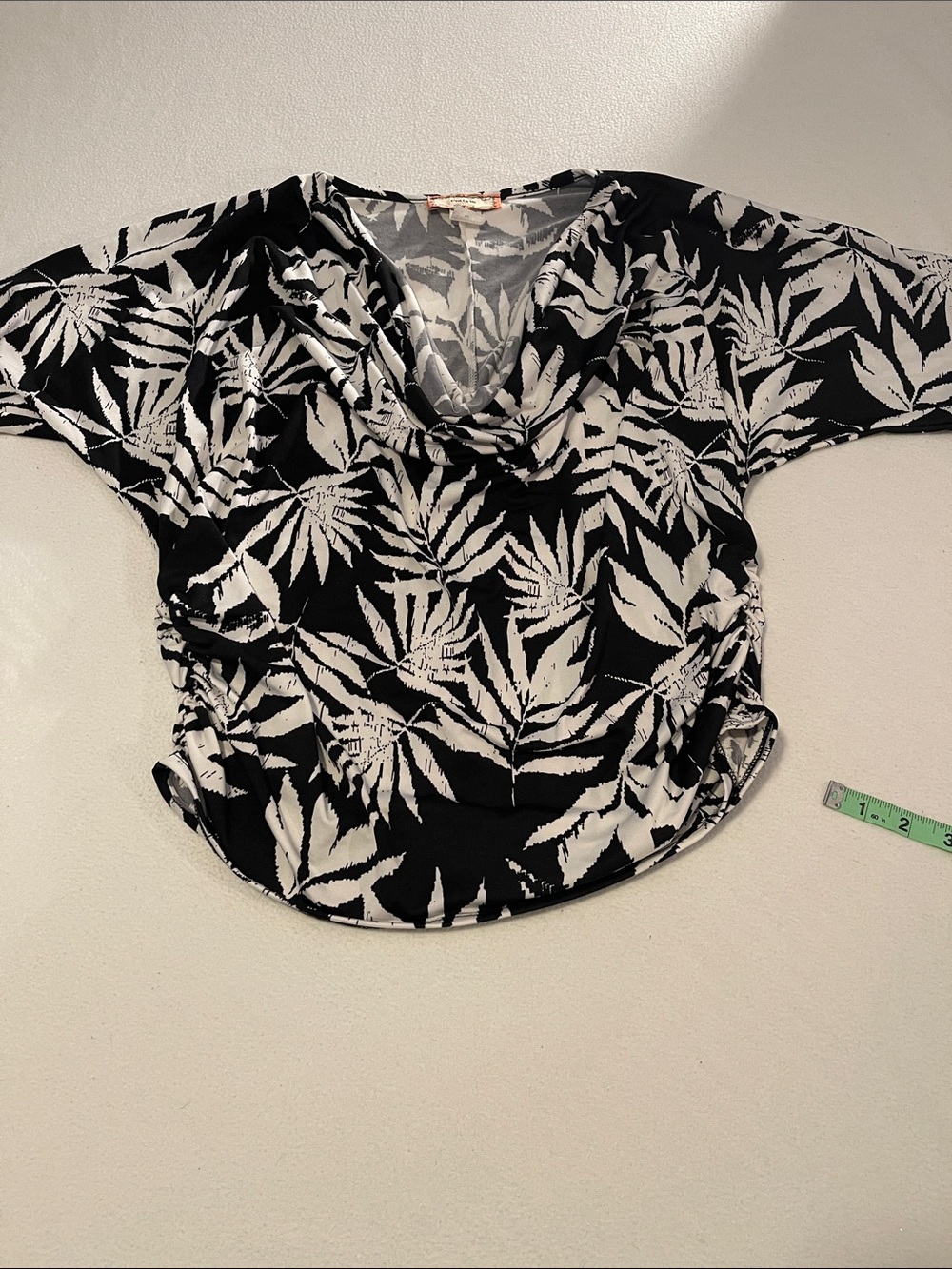 Black & White Leaf-Print Draped Neck Blouse